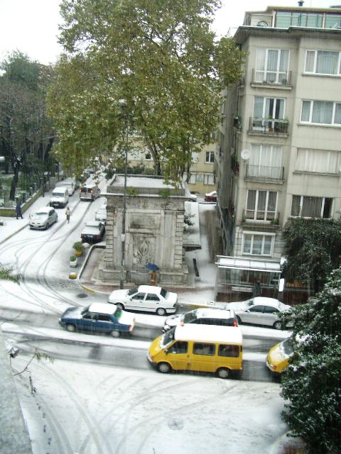 Snowy day view from apartment, Macka